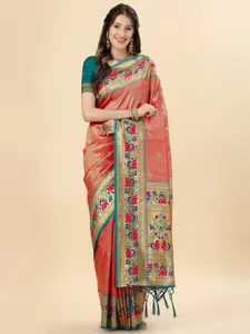 Mitera Orange & Green Ethnic Motifs Woven Design Zari Pure Silk Paithani Saree