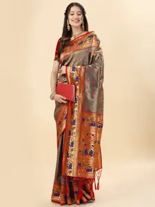 Mitera Brown & Red thnic Motifs Woven Design Zari Pure Silk Paithani Saree