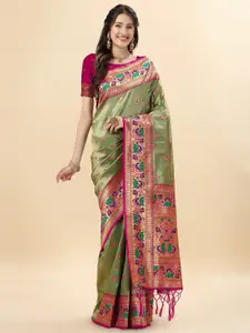 Mitera Green & Red Ethnic Motifs Woven Design Zari Pure Silk Paithani Saree
