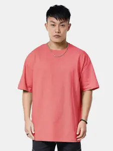 The Souled Store Pink Round Neck Drop-Shoulder Sleeves Oversized Pure Cotton T-shirt