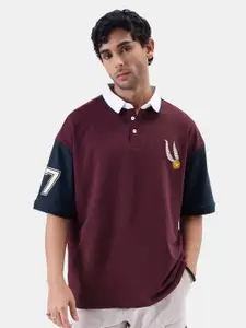 The Souled Store Burgundy & Navy Blue Colourblocked Pure Cotton Oversized T-shirt