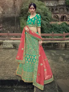 ODETTE Embroidered Beads and Stones Satin Semi-Stitched Lehenga Choli With Dupatta