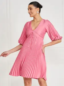 KASSUALLY Pink V-Neck Puff Sleeve A-Line Dress