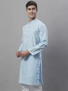 Anouk Turquoise Blue & White Floral Printed Band Collar Kurta