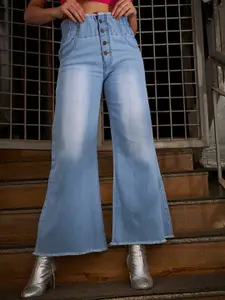 KASSUALLY Women Blue Mid-Rise Light Fade Mildly Distressed Flared Denim Fit Jeans