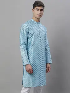 Anouk Turquoise Blue Ethnic Motifs Woven Design Band Collar Jacquard Kurta