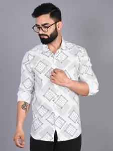 FUBAR Geometric Printed Spread Collar Slim Fit Casual Shirt
