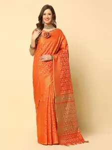 Satrani Orange & Gold-Toned Floral Woven Design Zari Silk Cotton Banarasi Saree