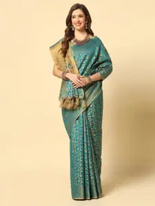 Satrani Sea Green & Gold-Toned Floral Woven Design Zari Silk Cotton Banarasi Saree