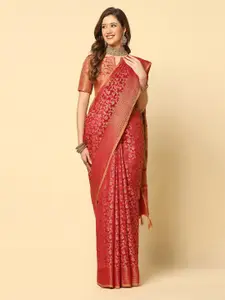 Satrani Red & Gold-Toned Floral Woven Design Zari Silk Cotton Banarasi Saree
