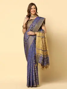 Satrani Blue & Gold-Toned Floral Woven Design Zari Silk Cotton Banarasi Saree