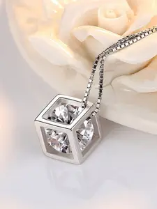 MYKI Silver-Plated Cubic Zirconia-Studded Cubic Shaped Pendant With Chain