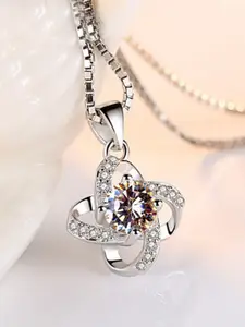 MYKI Silver-Plated Cubic Zirconia-Studded Floral Pendant