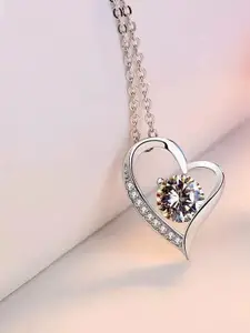 MYKI Women Silver-Plated Heart Cubic Zirconia Pendant With Chain