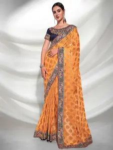 Kalista Mustard & Gold-Toned Ethnic Motif Woven Design Embroidered Saree