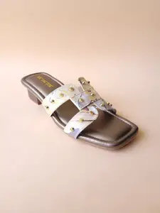 TIC TAC TOE Embellished Printed Open Toe Block Heels
