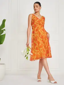 KASSUALLY Orange V-Neck Floral Print Fit & Flare Dress