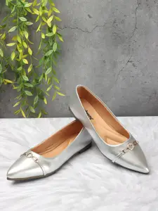 DressBerry Silver-Toned Embellished Pointed Toe Ballerinas