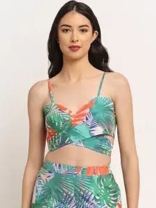 EROTISSCH Green & Orange-Coloured Tropical Printed Shoulder Straps Swim Tops
