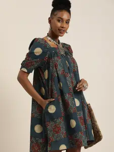 Taavi Ajrakh Square Neck Ethnic Motifs Printed Pure Cotton A-Line Ethnic Dress