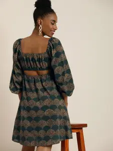 Taavi Ajrakh Ethnic Motifs Printed A-Line Dress With Cut-Out Detail At Back
