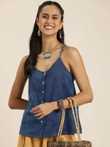 Taavi Solid Shoulder Strap Indigo Denim Top