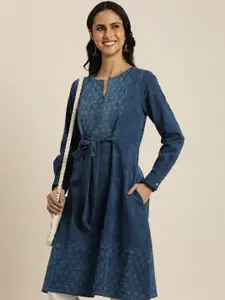 Taavi Geometric Printed A-Line Indigo Denim Kurta