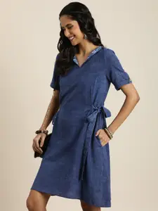 Taavi Indigo V-Neck Cotton-Linen A-Line Dress