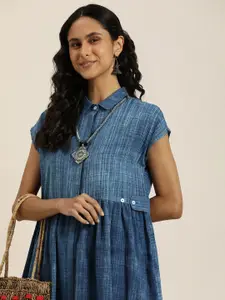 Taavi Shirt Collar Cotton Linen Indigo Denim A-Line Ethnic Dress