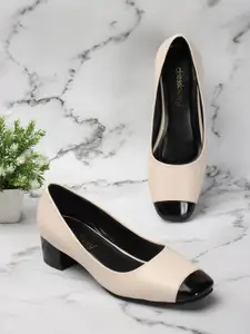 DressBerry Cream-Coloured And Black Colourblocked Block Heel Pumps