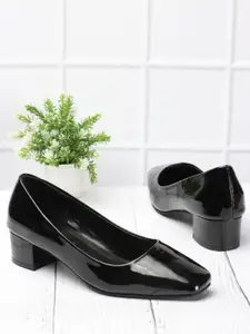 DressBerry Black Square Toe Block Heel Pumps