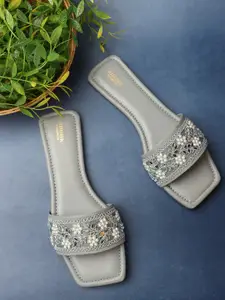 Anouk Grey And White Embellished Open Toe Flats