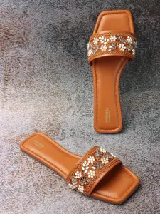 Anouk Tan Brown And White Embellished Open Toe Flats