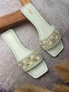 Anouk Sea Green And White Embellished Open Toe Flats