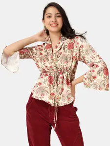 angloindu Floral Printed Slit Sleeve Waist Tie-Up Satin Shirt Style Top