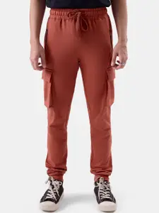 The Souled Store Men Rust Red Mid-Rise Pure Cotton Cargo Track Pants