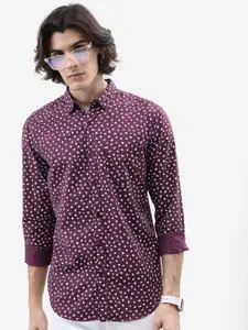 HIGHLANDER Burgundy & White Floral Printed Slim Fit Cotton Casual Shirt