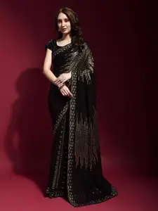 AVANSHEE Black & Gold-Toned Embellished Sequinned Poly Georgette Designer Saree