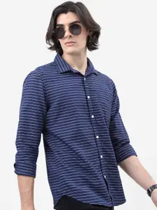 HIGHLANDER Navy Blue Horizontal Striped Slim Fit Casual Shirt