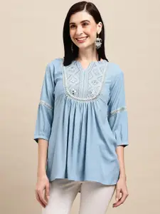 Sangria Blue Ethnic motifs Embroidered Round Notched Neck A-Line Top