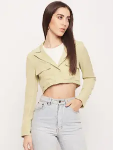 Madame Women Notched Lapel Collar Cotton Single-Breasted Cropped Blazer