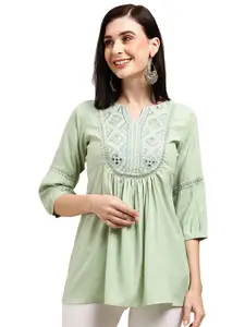 Nimayaa Embroidered Notch Neck Long A-line Top