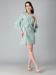 misbis Striped V-Neck Bell Sleeves Waist Tie-Up Pure Cotton Dress