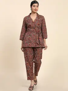 Aawari Kalamkari Printed Longline Top With Trousers Co-Ords Set