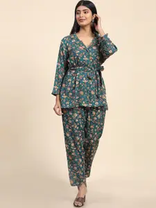 Aawari Floral Printed Longline Top & Trousers Co-Ords Set