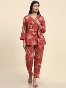 Aawari Printed Waist Tie-Up Long Sleeves Top With Trouser