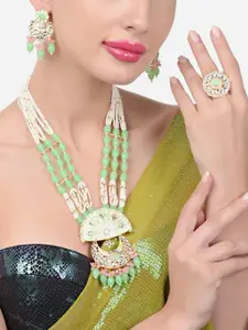 Zaveri Pearls Gold-Plated Kundan-Studded & Beaded Necklace and Earrings & with Finger Ring