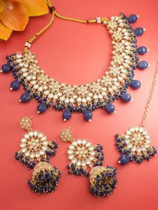 aadita Gold-Plated Stone Studded & Beaded Necklace and Earrings & with Maang Tika