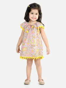 BownBee Girls Floral Printed Cotton A-Line Dress with Pompom