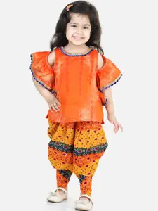 BownBee Girls Orange Ethnic Motifs Dyed Pure Cotton Top with Dhoti Pants